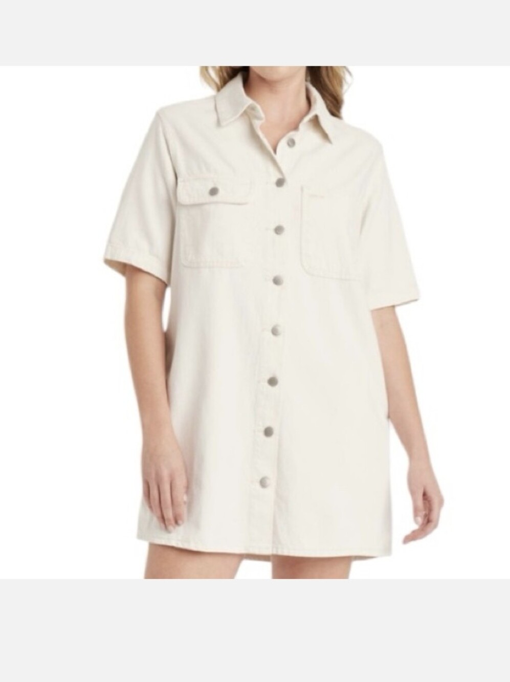 Short Button-Front Shirt Dress in Cream